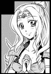 1990s_(style) 1girl breasts female_focus final_fantasy final_fantasy_iv hair_bun hair_ornament long_hair lowres monochrome ponytail retro_artstyle rosa_farrell shoulder_pads single_hair_bun solo souchi tiara