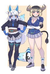 2girls absurdres animal_ears belt black_hair black_shirt blonde_hair blue_eyes blue_gloves blue_jacket blue_necktie blue_skin blush breasts brown_belt cleavage colored_skin cow_ears cow_girl cow_horns cow_tail elbow_gloves extra_ears fingerless_gloves fox_ears fox_girl fox_tail ginkaku_(kemono_friends) gloves gyaru gyumaou_(kemono_friends) hair_between_eyes hair_ornament hair_tubes highres horns jacket kemono_friends kemono_friends_3 kumasyan1998 large_breasts looking_at_viewer lucky_beast_(kemono_friends) multicolored_hair multiple_girls necktie shirt short_hair short_sleeves short_twintails sidelocks single_horn skirt smile tail thighhighs twintails white_fur white_hair yellow_eyes zettai_ryouiki