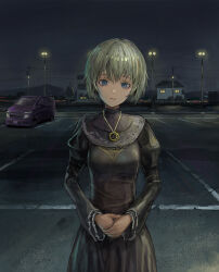 1girl black_dress blonde_hair blue_eyes car city dress highres katamimi123 lamppost light_smile looking_at_viewer motor_vehicle night original outdoors parking_lot solo standing