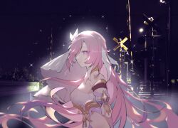 Rule 34 | 1girl, breasts, corset, diamond-shaped pupils, diamond (shape), elysia (herrscher of human: ego) (honkai impact), elysia (honkai impact), from side, hashtag-only commentary, honkai (series), honkai impact 3rd, large breasts, long hair, night, night sky, outdoors, photo background, pink hair, purple eyes, sideboob, sky, smile, solo, symbol-shaped pupils, twitter username, upper body, us2 uoxo, veil, very long hair, white corset, white veil