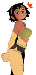 Rule 34 | 1girl, absurdres, arms behind back, bandaid, black eyes, black hair, black shorts, blush, boondraws, breasts, freckles, hairband, highres, looking at viewer, medium breasts, original, shadow, short hair, short shorts, shorts, sideboob, solo, sports bra, surprised, turning head, vanilla (boondraws), white background