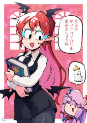 ._. :d alternate_eye_color bat_wings black_eyes black_necktie black_pantyhose black_skirt black_vest black_wings blue_bow blue_eyeshadow blunt_bangs blush_stickers book border bow carte chibi collared_shirt colored_eyelashes commentary_request cowboy_shot crescent crescent_hat_ornament detached_wings dress dress_shirt eyeshadow fangs hair_between_eyes hair_bow hair_ribbon hat hat_bow hat_ornament head_wings highres holding holding_book hugging_book hugging_object koakuma light_blush long_hair long_sleeves looking_at_another looking_back looking_down low-tied_long_hair low_wings makeup mob_cap mole mole_on_cheek multiple_hair_bows necktie open_mouth pantyhose patchouli_knowledge pointy_ears purple_dress purple_hair red_background red_bow red_hair ribbon shirt sidelocks simple_background skirt smile sparkle speech_bubble spoken_thumbs_up teeth touhou translation_request tress_ribbon upper_teeth_only very_long_hair vest white_border white_shirt window wings