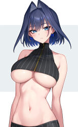 1girl black_shirt blue_eyes blue_hair bow bow_earrings breasts colored_inner_hair commentary cowboy_shot cropped_shirt earrings english_commentary fanged_bangs hair_flaps hair_intakes halter_shirt halterneck highres hololive hololive_english jewelry large_breasts looking_at_viewer multicolored_hair navel oopartz_yang ouro_kronii ouro_kronii_(1st_costume) pinstripe_pattern pinstripe_shirt shirt short_hair sleeveless sleeveless_shirt solo stomach underboob virtual_youtuber zipper