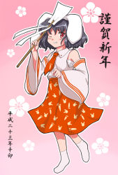 1girl animal_ears black_hair blush detached_sleeves female_focus flx inaba_tewi japanese_clothes miko necktie one_eye_closed rabbit_ears red_eyes short_hair smile solo touhou wink