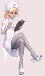 1girl absurdres blonde_hair breasts closed_mouth dark-skinned_female dark_skin female_focus gravity_daze highres kitten_(gravity_daze) legs long_hair nickleflick nurse pantyhose red_eyes simple_background solo third-party_source