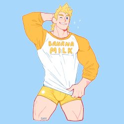 Rule 34 | 1boy, alternate costume, bara, blonde hair, blue eyes, boku no hero academia, boxer briefs, bulge, cropped legs, feraltintinsimp, highres, large pectorals, long sleeves, male focus, male underwear, muscular, muscular male, no pants, one eye closed, pectorals, shirt, short hair, smile, solo, sparkle, spiked hair, thighs, togata mirio, underwear, white shirt, yellow boxer briefs, yellow male underwear