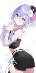 1girl absurdres ass bare_shoulders belt black_shirt black_shorts closed_mouth cowboy_shot crop_top detached_collar detached_sleeves flower gloves hair_flower hair_ornament hands_up highres idolmaster idolmaster_shiny_colors long_hair long_sleeves looking_at_viewer midriff purple_eyes purple_hair see-through_clothes see-through_sleeves shirt short_shorts shorts simple_background single_glove smile solo sukaliya suzuki_hana white_background