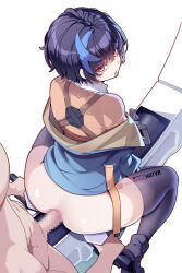 1boy 1girl anal black_hair black_thighhighs blue_hair blue_jacket blue_streaks clothed_female_nude_male commentary english_commentary guilty_gear guilty_gear_strive highres hot_vr hover_bike jacket multicolored_hair nude open_clothes open_jacket red_eyes sex simple_background sitting solo_focus streaked_hair thighhighs tongue tongue_out uncensored unika_(guilty_gear) white_background