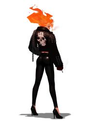 1girl absurdres black_footwear black_jacket black_legwear chain cigarette dgk fiery_hair from_behind genderswap genderswap_(mtf) ghost_rider ghost_rider_(series) high-waist_pants high_heels highres holding holding_cigarette humanization jacket leather leather_jacket leather_pants looking_down marvel orange_hair pants scar smoking solo spikes white_background
