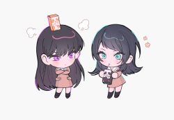 2girls bang_dream! bang_dream!_it&#039;s_mygo!!!!! black_hair brown_dress carton chibi closed_mouth crossed_arms dress drinking_straw drinking_straw_in_mouth full_body green_eyes hanasakigawa_school_uniform highres long_hair long_sleeves looking_at_another m_omoo mole mole_under_eye multiple_girls on_head puff_of_air purple_eyes sailor_collar sailor_dress school_uniform shiina_taki simple_background white_background white_sailor_collar yahata_umiri