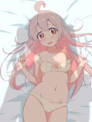1girl ahoge bed bed_sheet bra breasts collarbone genderswap genderswap_(mtf) hair_between_eyes highres long_hair looking_at_viewer navel off_shoulder on_bed onii-chan_wa_oshimai! orange_eyes oyama_mahiro panties pink_hair sheet_grab small_breasts stomach tearing_up thighs underwear unkimo yellow_bra yellow_panties