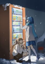 Rule 34 | 2girls, absurdres, blonde hair, blue hair, blue scarf, blue shoes, blue skirt, breath, brown shoes, can, chinese commentary, closed mouth, cold, commentary request, dark skin, expressionless, full body, grey jacket, hair ribbon, highres, holding, holding can, jacket, kl.star, kneehighs, long hair, long sleeves, looking at another, looking at object, looking up, miyagi shiori, multiple girls, night, one side up, outdoors, pink eyes, pleated skirt, pocket, purple ribbon, ribbon, scarf, sendai hazuki, shirt, shoes, short hair, shuuniichido classmate wo kau hanashi, skirt, snow, socks, squatting, standing, steaming food, vending machine, white shirt, white socks, winter