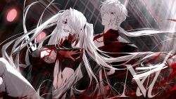 Rule 34 | 1boy, 1girl, absurdres, architecture, black eyes, blood, blood on arm, blood on face, blood on neck, chinese clothes, cleavage cutout, closed mouth, clothing cutout, dragon print, east asian architecture, hair between eyes, hair over one eye, hand on own shoulder, high collar, highres, light rays, long hair, looking at viewer, low ponytail, nakddidi, open mouth, original, ponytail, short sleeves, skirt, smile, very long hair, white skirt