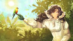 1girl anjo_nala bird bird_on_hand brown_hair doodletavern dress highres outstretched_arm parrot purple_eyes reverse:1999 smile solo sun tree white_dress white_headdress