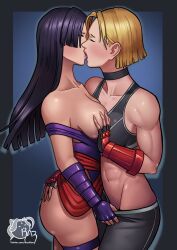 2girls ass black_hair blonde_hair breasts cammy_white closed_eyes collarbone crossover fingerless_gloves gauntlets gloves grabbing_another&#039;s_breast groping hand_on_another&#039;s_ass highres kiss lipstick long_hair makeup marvel marvel_rivals medium_breasts multiple_girls navel pants psylocke razillon short_hair simple_background sports_bra street_fighter undressing_another watermark yuri