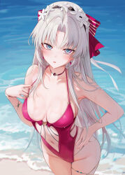 1girl alternate_costume aqua_eyes bare_shoulders blush bow breasts carlotta_(wuthering_waves) casual_one-piece_swimsuit center_opening collarbone commentary cowboy_shot earrings hair_bow hand_on_own_hip highleg highleg_one-piece_swimsuit highres jewelry large_breasts long_hair looking_at_viewer navel one-piece_swimsuit outdoors paid_reward_available parted_bangs parted_lips pink_bow pink_one-piece_swimsuit ru_zhai shore stomach striped_bow swimsuit symbol-only_commentary very_long_hair water wet white_hair wuthering_waves