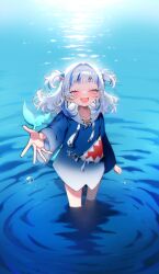 1girl :d ^_^ bare_legs blue_hair blue_jacket blunt_bangs blush closed_eyes commentary drawstring english_commentary facing_viewer fins fish_tail gawr_gura gawr_gura_(1st_costume) highres hololive hololive_english jacket long_hair long_sleeves multicolored_hair open_mouth outstretched_arm ripples savi_(byakushimc) shark_tail sharp_teeth smile solo streaked_hair tail tears teeth two-tone_hair two_side_up virtual_youtuber wading water white_hair wide_sleeves
