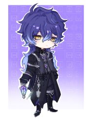 1boy black_boots black_coat black_pants blue_hair boots chain coat commentary english_commentary flins_(genshin_impact) full_body genshin_impact gilbert_(umieranko999) hair_between_eyes highres holding holding_lantern lantern long_hair long_sleeves looking_at_viewer male_focus pants solo standing very_long_hair yellow_eyes