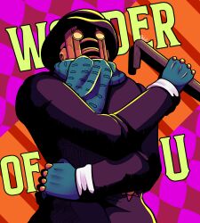 1other absurdres argyle_background bowl bowl_hat brown_coat brown_hat cane character_name coat delatoid english_text gloves green_gloves green_scarf hat highres holding holding_cane humanoid_robot jojo_no_kimyou_na_bouken jojolion robot scarf stand_(jojo) upper_body wonder_of_u yellow_eyes