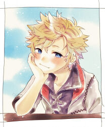 1boy anoko_(darenokoanoko) black_vest blonde_hair blue_eyes blue_sky blush checkered_clothes cloud cloudy_sky commentary_request day elbow_rest head_on_hand inset_border jacket kingdom_hearts male_focus outdoors roxas short_hair short_sleeves signature sky smile solo spiked_hair upper_body vest white_jacket