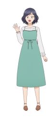 1girl :d anime_coloring arm_at_side black_hair brown_shoes dress frilled_sleeves frills green_dress green_eyes green_ribbon hair_ornament hairpin kono_kaisha_ni_suki_na_hito_ga_imasu long_sleeves looking_at_viewer medium_dress no_socks official_art open_hand open_mouth pinafore_dress ribbon shirt shoes short_hair sleeveless sleeveless_dress smile solo spread_fingers standing tachi-e transparent_background utou_chiharu waist_ribbon waving white_shirt