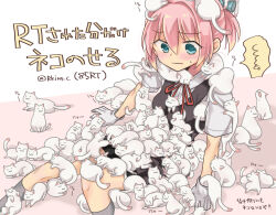 1girl animal animal_on_head animal_on_lap black_skirt black_vest blue_eyes cat cat_on_head cat_on_lap collared_shirt commentary_request dress_shirt feet_out_of_frame gloves grey_socks kantai_collection neck_ribbon on_head on_lap pink_hair pleated_skirt ponytail r-king ribbon shiranui_(kancolle) shirt sitting skirt socks too_many too_many_cats translation_request vest white_gloves white_shirt
