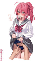 1girl @_@ ahoge assisted_exposure blue_one-piece_swimsuit blush breasts clothes_lift cropped_legs ebifurya foreshortening grey_sailor_collar grey_skirt hair_between_eyes hair_ornament heavy_breathing high_ponytail highres i-168_(kancolle) kantai_collection lifting_own_clothes long_hair long_sleeves old_school_swimsuit one-piece_swimsuit open_mouth pink_eyes pink_hair pleated_skirt ponytail ribbon sailor_collar school_swimsuit school_swimsuit_flap school_uniform shirt sidelocks simple_background skirt skirt_lift small_breasts solo_focus spoken_blush swimsuit swimsuit_under_clothes thighs twitter_username white_background white_shirt x_hair_ornament