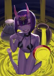 1girl absurdres bare_shoulders barefoot collarbone colored_skin covered_erect_nipples cup eric_ueda eyeshadow fate_(series) gem gradient_horns green_gemstone highres holding holding_cup horns liquid looking_at_viewer makeup multicolored_horns navel oni open_mouth pot purple_eyes purple_hair purple_skin red_eyeshadow ripples sakazuki short_hair shuten_douji_(fate) sitting skin-covered_horns smile solo storage_pot teeth upper_teeth_only wariza