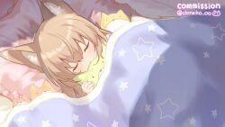 1girl animal_ear_fluff animal_ears aruma_(goma) brown_hair cloneko_(zelmeledf2) closed_eyes commission fox_ears fox_girl highres hugging_object long_hair lying on_side open_mouth original signature skeb_commission sleeping solo