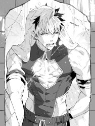 Rule 34 | 1boy, abs, cleavage cutout, clothing cutout, crack, cracked glass, crimzon ruze, earrings, english text, greyscale, highres, holostars, holostars english, jewelry, large pectorals, looking at viewer, looking to the side, male focus, mirror, monochrome, multicolored hair, multiple scars, muscular, muscular male, pectorals, pointy ears, scar, semi (p-poco), short hair, solo, toothbrush, toothbrush in mouth, toothpaste, towel, towel on head, two-tone hair, upper body, virtual youtuber, white scars