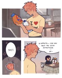 1boy 1girl 2others @_(symbol) black_hair black_shirt bleach_(chemical) blonde_hair chainsaw_man comic cup denji_(chainsaw_man) detergent dog drawing dreamisoup emphasis_lines english_text food-themed_hair_ornament hair_ornament heart highres husky kotatsu looking_at_object looking_down mug multiple_others nayuta_(chainsaw_man) pochita_(chainsaw_man) ringed_eyes shirt short_hair speech_bubble strawberry_hair_ornament sweat table twitter_username white_shirt yellow_eyes