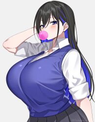 1girl absurdres black_hair blowing_bubble_gum blue_hair blue_sweater breasts chewing_gum colored_inner_hair ear_piercing earrings grey_skirt hair_between_eyes highres huge_breasts hz_(666v) jewelry large_breasts long_hair looking_at_viewer multicolored_hair original piercing plaid_clothes plaid_skirt pleated_skirt school_uniform shirt simple_background skirt sleeveless sleeveless_sweater sleeves_rolled_up solo sweater two-tone_hair upper_body white_background white_shirt
