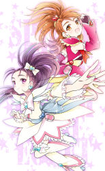 2girls aqua_bow aqua_brooch ayumaru_(art_of_life) belt belt_bag black_gloves boots bow bow_legwear bowtie brown_eyes brown_hair character_name circle_skirt clenched_hand closed_mouth cure_bloom cure_egret dot_nose dress earrings eyelashes fingerless_gloves floating_clothes floating_hair forehead frilled_arm_warmers frilled_dress frilled_skirt frills full_body futari_wa_precure_splash_star gloves hair_bow hair_ornament hairband happy heart heart_earrings heart_hair_ornament high_heel_boots high_heels high_ponytail highres hyuuga_saki jewelry lace-trimmed_sleeves lace_trim leg_warmers light_blush light_particles long_hair magical_girl miniskirt mishou_mai multiple_girls open_mouth outline outstretched_arm pink_arm_warmers pink_bag pink_dress pink_outline pink_skirt ponytail precure purple_eyes purple_hair red_bow red_bowtie short_dress short_ponytail short_sleeves skirt skirt_under_dress smile sparkle star_(symbol) star_symbol_background swept_bangs tareme very_long_hair white_arm_warmers white_background white_boots white_bow white_bowtie white_leg_warmers yellow_belt yellow_hairband