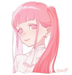 1girl ascot closed_mouth commentary_request fire_emblem fire_emblem:_three_houses garreg_mach_monastery_uniform hilda_valentine_goneril lips long_hair looking_at_viewer nintendo pink_eyes pink_hair pink_lips s_oxox shirt simple_background smile solo twintails very_long_hair white_ascot white_background white_shirt