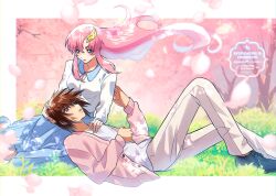 Rule 34 | 1boy, 1girl, absurdres, blue eyes, breasts, brown hair, couple, flower, grass, gundam, gundam seed, gundam seed freedom, hair ornament, hetero, highres, jacket, kira yamato, lacus clyne, lap pillow, long hair, nature, open mouth, outdoors, pink hair, purple eyes, rrrisyf, shirt, short hair, skirt, smile, tree, very long hair