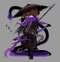 1boy black_pants brown_hair full_body gregor_(project_moon) hair_over_one_eye heishou_pack-si_branch_(identity)_(project_moon) highres hillsbeichen limbus_company long_hair looking_at_viewer low_ponytail pants ponytail project_moon purple_eyes purple_scarf scales scarf solo