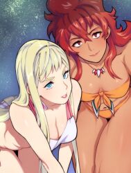 2girls bikini blonde_hair blue_eyes breasts cleavage collarbone commentary_request dark-skinned_female dark_skin earrings emerelda_zubin gigi_andalusia gundam gundam_hathaway&#039;s_flash hori_shin jewelry multiple_girls navel necklace orange_bikini red_eyes red_hair small_breasts solo swimsuit white_bikini