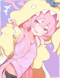 +++ +_+ 1girl :3 :d blue_archive blush blush_stickers border camisole clenched_hands commentary_request cowboy_shot double-parted_bangs dutch_angle eyelashes fang hair_between_eyes halo hands_up highres hood hood_up koyuki_(blue_archive) koyuki_(pajamas)_(blue_archive) long_hair looking_at_viewer midriff_peek navel official_alternate_costume open_mouth outside_border pajamas pink_camisole pink_eyes pink_hair pink_halo purple_background sakurano_rocco short_eyebrows simple_background skin_fang sleeves_past_wrists smile smug solo sparkle sparkling_eyes thick_eyebrows tsurime very_long_hair white_border yellow_pajamas