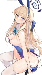 1girl absurdres animal_ears aqua_bow aqua_bowtie bare_shoulders blonde_hair blue_archive blue_eyes blue_hairband blue_halo blue_leotard blush bow bowtie breasts cleavage detached_collar earpiece fake_animal_ears fake_tail hairband halo highleg highleg_leotard highres kana_yukino leotard long_hair looking_at_viewer medium_breasts official_alternate_costume open_mouth playboy_bunny rabbit_ears rabbit_tail revision simple_background sitting solo stool strapless strapless_leotard sweat tail thighhighs thighs toki_(blue_archive) toki_(bunny)_(blue_archive) white_background white_thighhighs white_wrist_cuffs wrist_cuffs