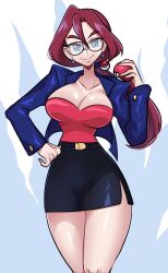 1girl absurdres breasts cleavage glasses highres holding holding_poke_ball jacket large_breasts long_hair long_sleeves looking_at_viewer lorelei_(pokemon) low-cut missandydandy nintendo pencil_skirt poke_ball poke_ball_(basic) pokemon pokemon_(anime) pokemon_(classic_anime) ponytail red_eyes red_hair shirt sidelocks skirt smile solo