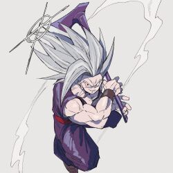 1boy axe dougi dragon_ball dragon_ball_super dragon_ball_super_super_hero fortnite gohan_beast grey_hair highres holding holding_axe living_(nsiring) long_bangs long_hair looking_at_viewer male_focus muscular muscular_male red_eyes smile solo son_gohan spiked_hair wristband