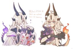 2girls animalization arknights black_gloves blonde_hair blush commentary_request cropped_torso dragon_horns fire flame-tipped_tail flower gloves green_eyes hair_over_one_eye head_rest heart highres holding holding_stuffed_toy horns infection_monitor_(arknights) jewelry joul_0704 lily_(flower) multiple_girls multiple_horns necrass_(arknights) person_and_animalization purple_fire reed_(arknights) reed_the_flame_shadow_(arknights) ring siblings simple_background sisters stuffed_animal stuffed_dragon stuffed_toy tail twitter_username white_background white_flower