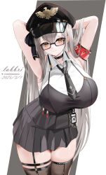 1girl absurdres armband armpits black_hat black_necktie black_skirt breasts chain character_request collar eyeri_(nikke) glasses goddess_of_victory:_nikke grey_hair hat highres labbri large_breasts light_smile long_hair necktie pleated_skirt presenting_armpit skirt solo thighs yellow_eyes