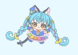 Rule 34 | 1girl, absurdly long hair, animal ear fluff, animal ears, bare shoulders, blue background, blue boots, blue gloves, blue hair, blue hat, blue shirt, boots, bow, braid, brooch, brown eyes, cat ears, cat girl, cat tail, chibi, closed mouth, collared shirt, commentary, cure cosmo, dot nose, earrings, elbow gloves, extra ears, eyelashes, footwear bow, fur-trimmed boots, fur-trimmed gloves, fur trim, gloves, hair ornament, happy, hat, hat ornament, ichigo usuhana, jewelry, knee boots, lace, lace-trimmed skirt, lace trim, light blush, long hair, looking at viewer, loose hair strand, low twin braids, magical girl, mini hat, mini top hat, miniskirt, multicolored hair, multicolored skirt, outstretched arms, petticoat, pink hair, pleated skirt, precure, shirt, simple background, skirt, sleeveless, sleeveless shirt, smile, solo, star (symbol), star button, star hat ornament, star twinkle precure, streaked hair, tail, tail ornament, tail ring, tareme, top hat, twin braids, two-tone hair, very long hair, yellow bow, yuni (precure)