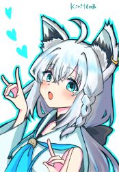 Rule 34 | 1girl, ahoge, animal ear fluff, animal ears, blue eyes, blue outline, blush, braid, commentary request, double fox shadow puppet, drawstring, ear piercing, fox ears, fox shadow puppet, grey hair, hair intakes, hands up, heart, highres, hololive, kiritoma, long hair, long sleeves, looking at viewer, open mouth, outline, piercing, shirakami fubuki, shirakami fubuki (1st costume), signature, simple background, single braid, solo, upper body, very long hair, virtual youtuber, white background, wide sleeves
