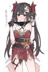 1girl :p black_panties blunt_bangs blush brown_hair detached_sleeves dress halter_dress halterneck highres holding holding_panties holding_underwear holding_unworn_clothes honkai:_star_rail honkai_(series) japanese_clothes lace lace-trimmed_panties lace_trim long_hair mask mask_on_head obi off-shoulder_dress off_shoulder panties red_dress red_eyes rekka_shinai sash simple_background smile solo sparkle_(honkai:_star_rail) steam sweat tongue tongue_out translation_request twintails underwear white_background