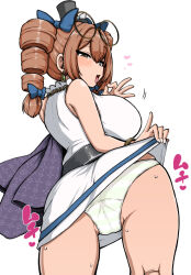 1girl ass bangle bow bracelet breasts coat drill_hair eyewear_on_head grey_hoodie hat hat_bow heart himajin_noizu hood hoodie huge_ass jewelry large_breasts mini_hat mini_top_hat pendant purple_coat round_eyewear solo sunglasses top_hat touhou twin_drills yorigami_jo&#039;on