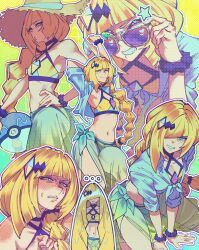 1girl absurdres andrich_galam bare_shoulders bikini blonde_hair blush breasts closed_mouth commentary english_commentary green_eyes hair_over_one_eye hat highres long_hair looking_at_viewer lusamine_(pokemon) mature_female midriff navel nintendo one_eye_closed open_clothes open_mouth pokemon pokemon_sm sarong shirt smile solo stomach straw_hat sun_hat sunglasses swimsuit very_long_hair