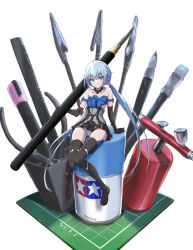 1girl absurdres bare_shoulders black_gloves black_skirt blue_eyes blue_hair boots choker dress elbow_gloves frame_arms_girl full_body gloves highres kotobukiya kotobukiya_bishoujo long_hair looking_at_viewer low_twintails mini_person minigirl panties pantyshot pen sitting skirt smile soanote solo strapless striped_clothes striped_panties stylet stylus thigh_boots thighhighs twintails underwear very_long_hair white_background white_panties