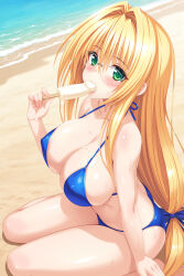 Rule 34 | 1girl, absurdres, areola slip, ass, bare shoulders, beach, bikini, blonde hair, blue bikini, blush, breasts, butt crack, cleavage, collarbone, covered erect nipples, cygnus (cygnus7), day, eating, food, food in mouth, glasses, green eyes, highres, holding, long hair, looking at viewer, ocean, popsicle, popsicle in mouth, shiny skin, sitting, solo, swimsuit, tearju lunatique, thighs, to love-ru, to love-ru darkness, water